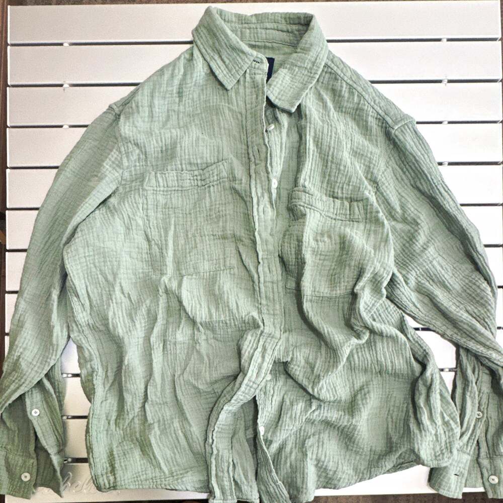 GAP Women’s XS Light Green Solid Cotton Woven Long Sleeve Button-Up Shirt